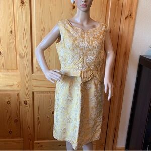 Vintage 60s Renmor Gold Metallic Brocade Floral Cocktail Dress M Bow Puff Roses